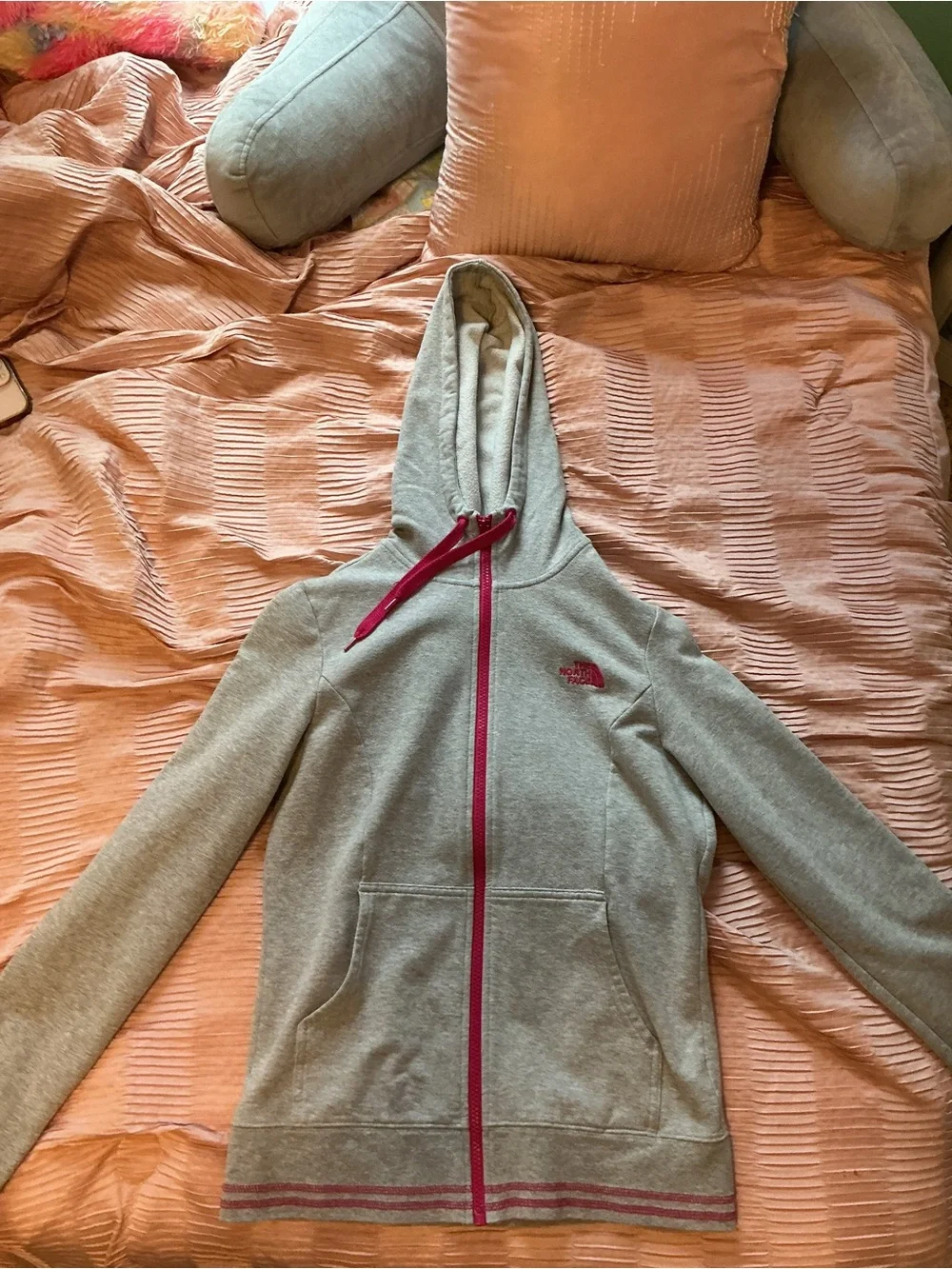 The North Face Women's Light Gray Hooded Sweater with Pink Stripe Hem